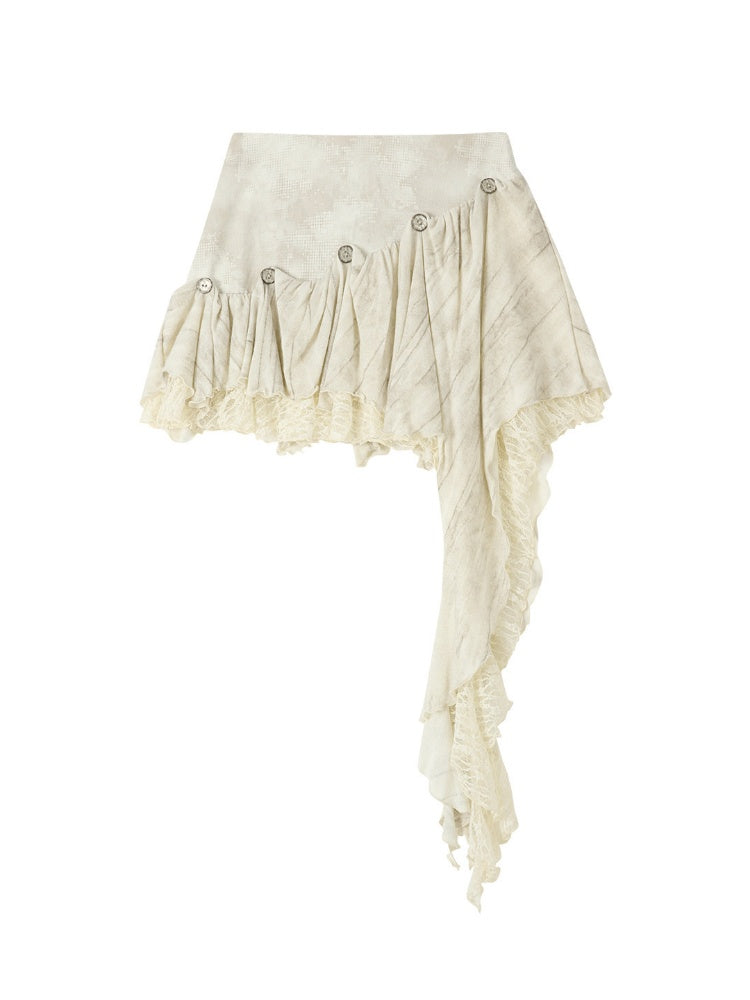 Irregular Button Lace Patchwork Beige Trailing Short Skirt【s0000018942】