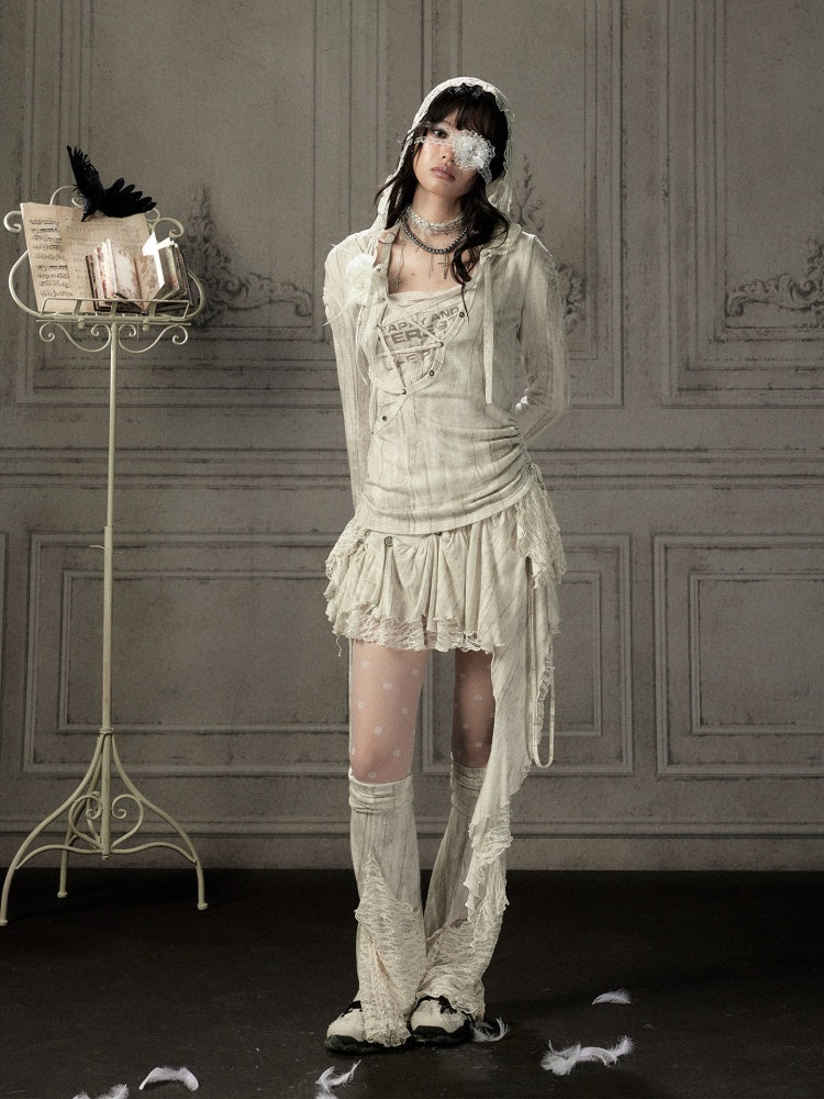 Patchwork Lace Hooded Beige Fake Two-Piece Long-Sleeve T-Shirt【s0000018943】