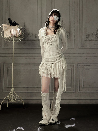 Patchwork Lace Hooded Beige Fake Two-Piece Long-Sleeve T-Shirt【s0000018943】