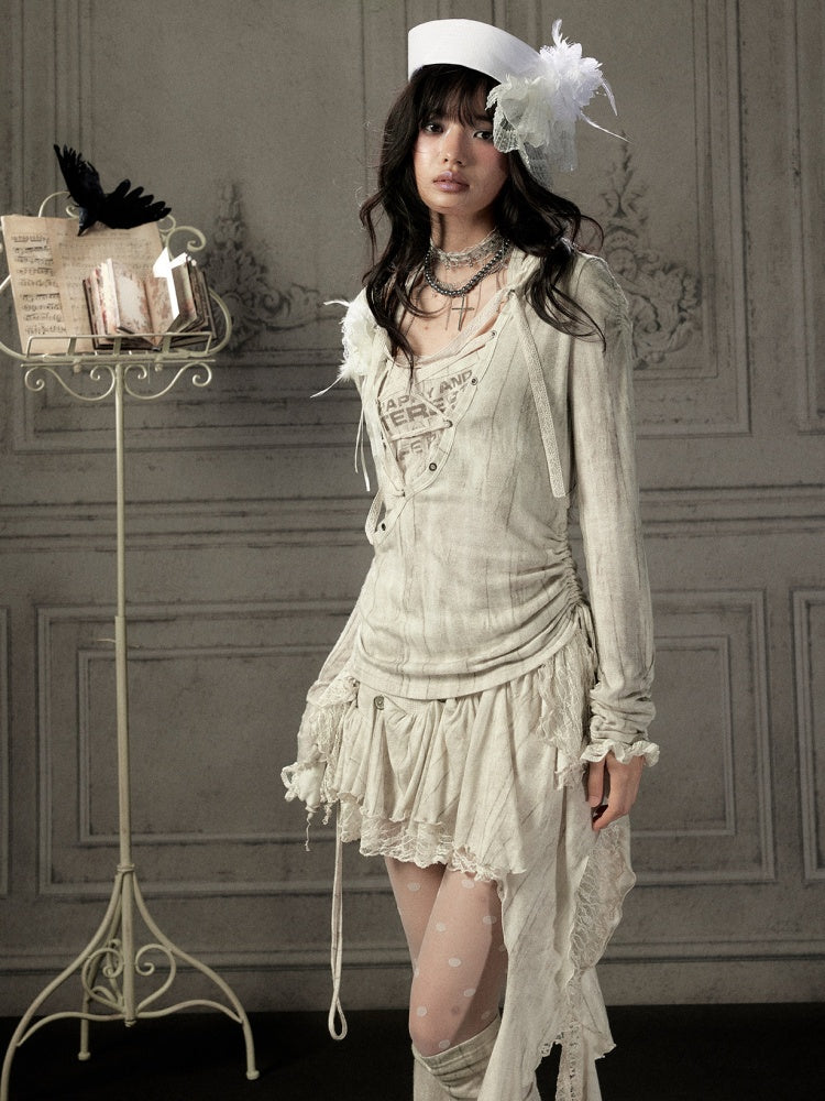 Patchwork Lace Hooded Beige Fake Two-Piece Long-Sleeve T-Shirt【s0000018943】