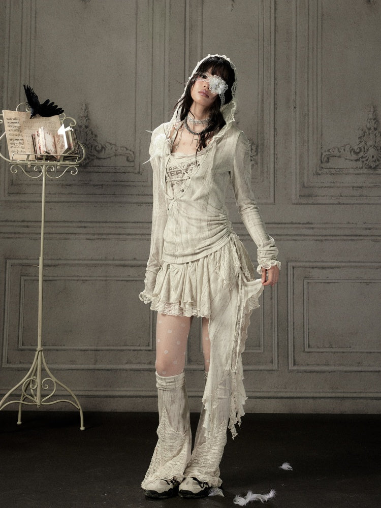 Patchwork Lace Hooded Beige Fake Two-Piece Long-Sleeve T-Shirt【s0000018943】