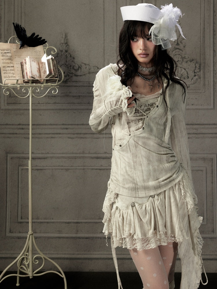 Patchwork Lace Hooded Beige Fake Two-Piece Long-Sleeve T-Shirt【s0000018943】