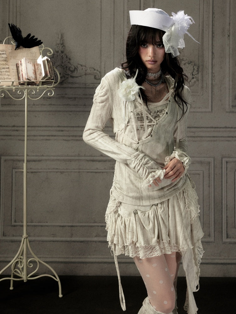 Patchwork Lace Hooded Beige Fake Two-Piece Long-Sleeve T-Shirt【s0000018943】