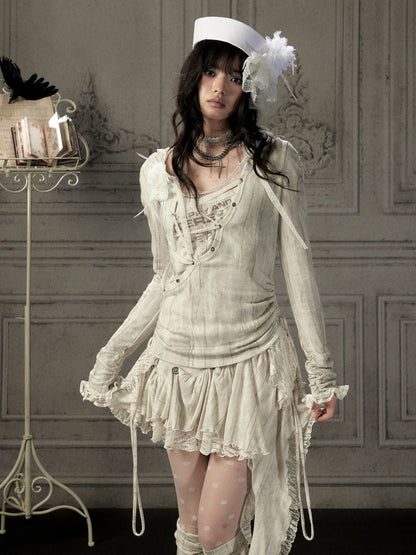 Patchwork Lace Hooded Beige Fake Two-Piece Long-Sleeve T-Shirt【s0000018943】