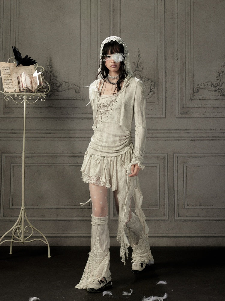 Patchwork Lace Hooded Beige Fake Two-Piece Long-Sleeve T-Shirt【s0000018943】