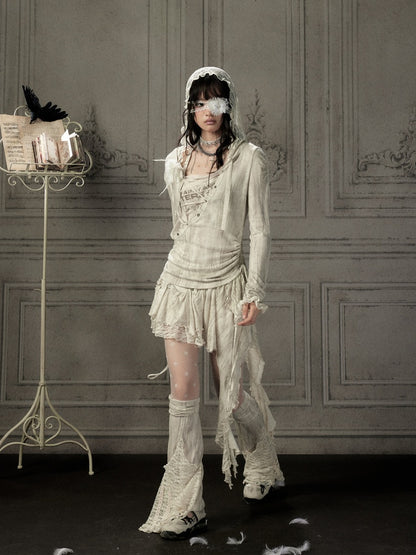 Patchwork Lace Hooded Beige Fake Two-Piece Long-Sleeve T-Shirt【s0000018943】