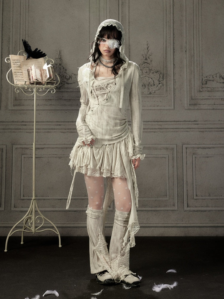 Patchwork Lace Hooded Beige Fake Two-Piece Long-Sleeve T-Shirt【s0000018943】