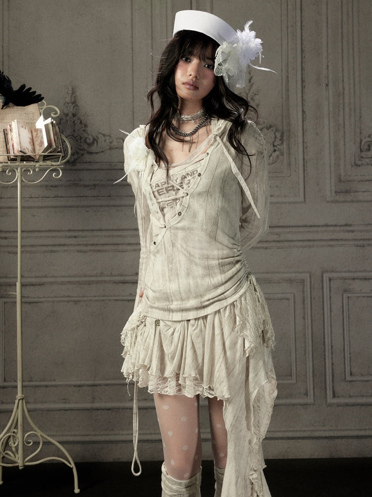 Patchwork Lace Hooded Beige Fake Two-Piece Long-Sleeve T-Shirt【s0000018943】