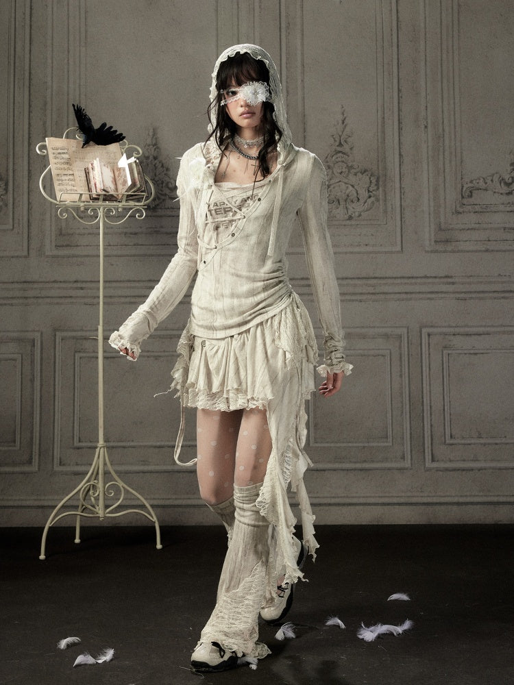 Patchwork Lace Hooded Beige Fake Two-Piece Long-Sleeve T-Shirt【s0000018943】