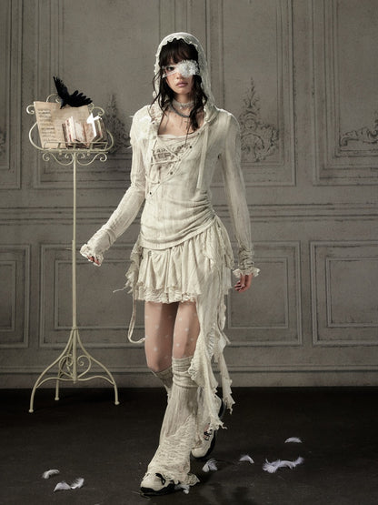 Patchwork Lace Hooded Beige Fake Two-Piece Long-Sleeve T-Shirt【s0000018943】