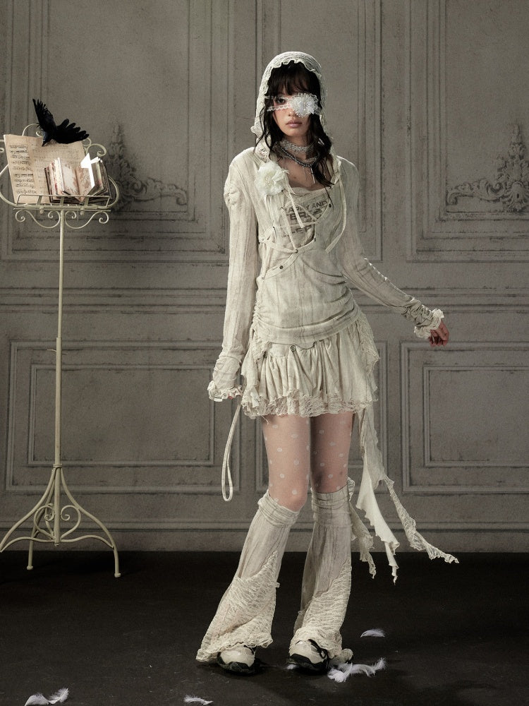 Patchwork Lace Hooded Beige Fake Two-Piece Long-Sleeve T-Shirt【s0000018943】