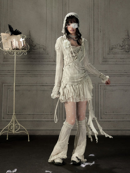Patchwork Lace Hooded Beige Fake Two-Piece Long-Sleeve T-Shirt【s0000018943】
