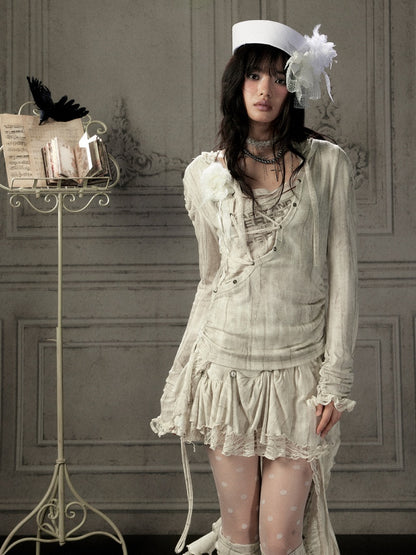 Patchwork Lace Hooded Beige Fake Two-Piece Long-Sleeve T-Shirt【s0000018943】