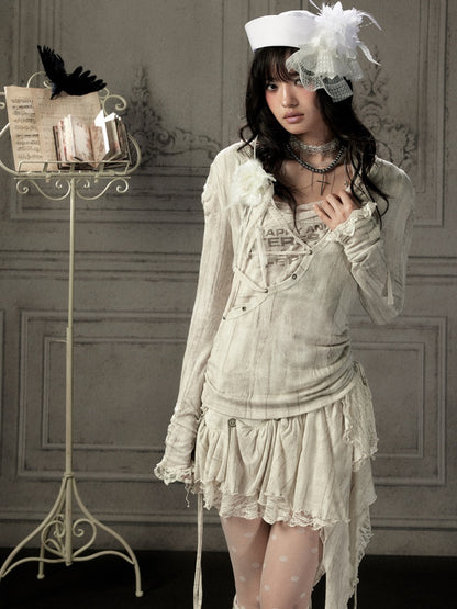 Patchwork Lace Hooded Beige Fake Two-Piece Long-Sleeve T-Shirt【s0000018943】