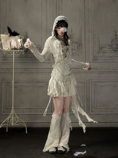 Patchwork Lace Hooded Beige Fake Two-Piece Long-Sleeve T-Shirt【s0000018943】