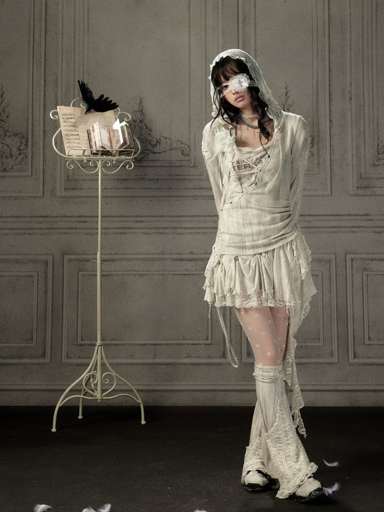 Patchwork Lace Hooded Beige Fake Two-Piece Long-Sleeve T-Shirt【s0000018943】