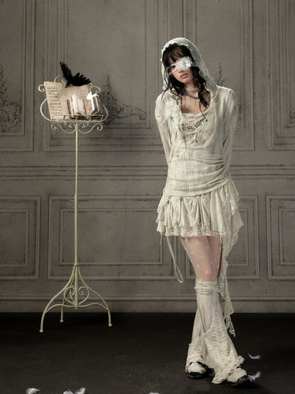 Patchwork Lace Hooded Beige Fake Two-Piece Long-Sleeve T-Shirt【s0000018943】