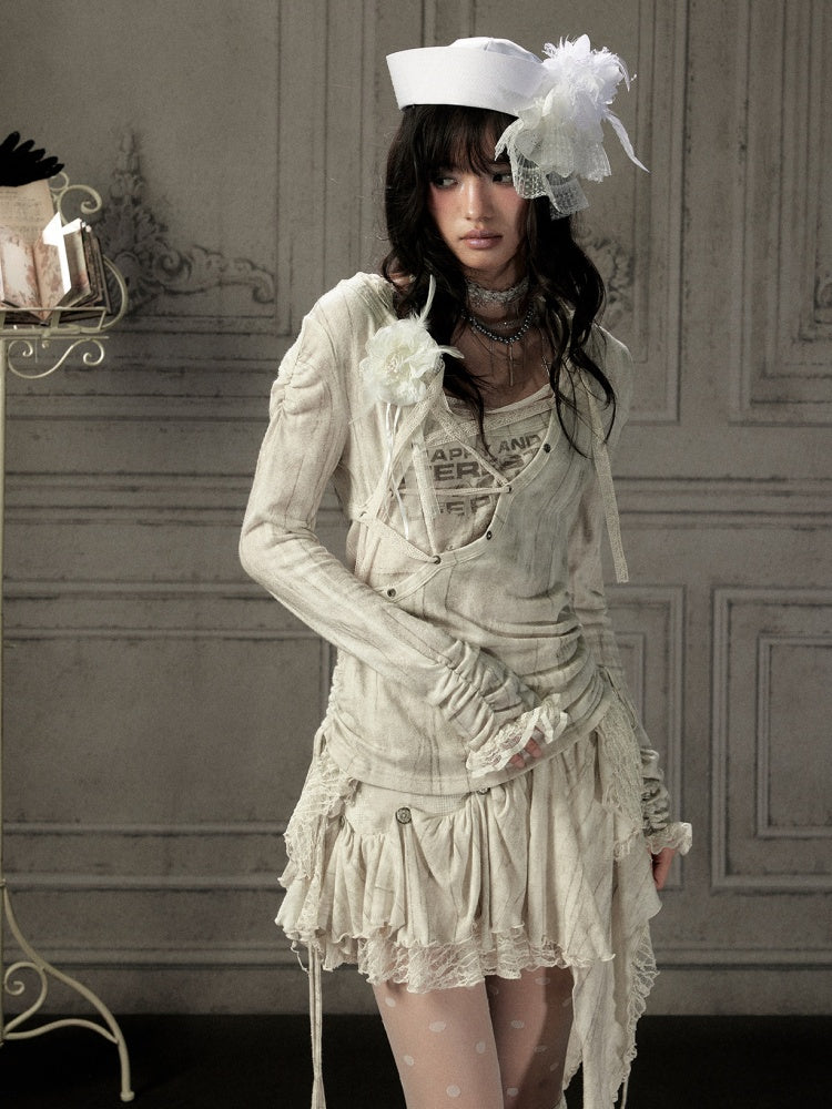 Patchwork Lace Hooded Beige Fake Two-Piece Long-Sleeve T-Shirt【s0000018943】