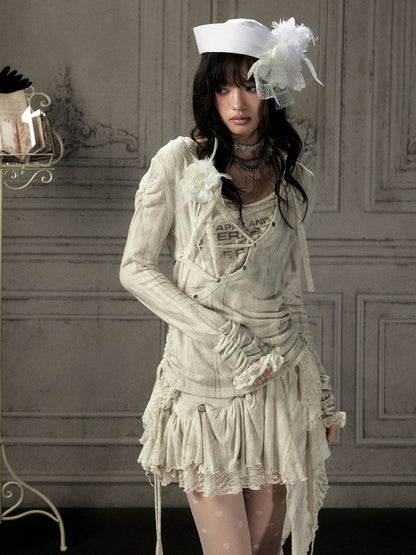 Patchwork Lace Hooded Beige Fake Two-Piece Long-Sleeve T-Shirt【s0000018943】