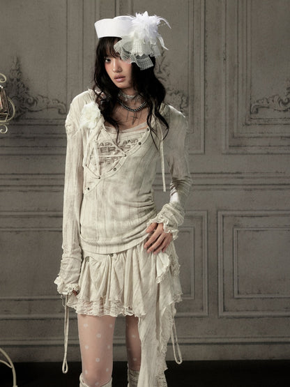 Patchwork Lace Hooded Beige Fake Two-Piece Long-Sleeve T-Shirt【s0000018943】