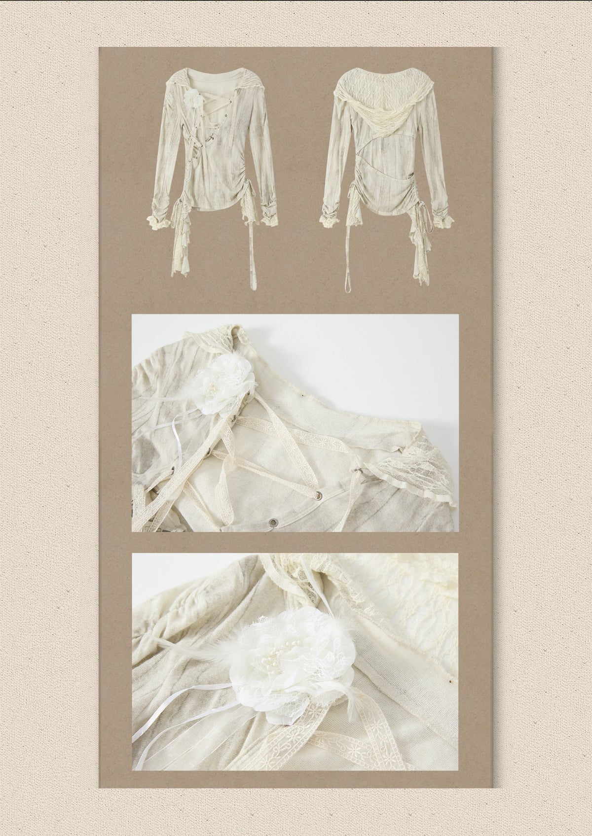 Patchwork Lace Hooded Beige Fake Two-Piece Long-Sleeve T-Shirt【s0000018943】