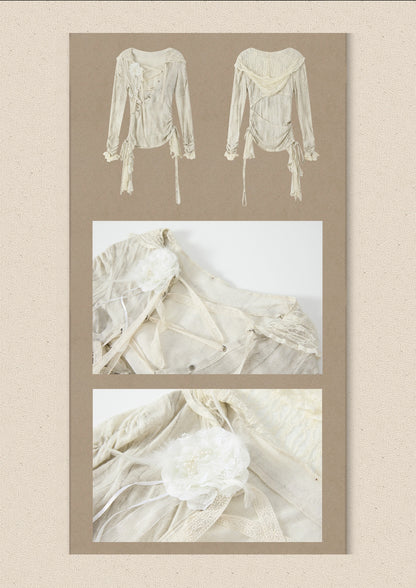Patchwork Lace Hooded Beige Fake Two-Piece Long-Sleeve T-Shirt【s0000018943】