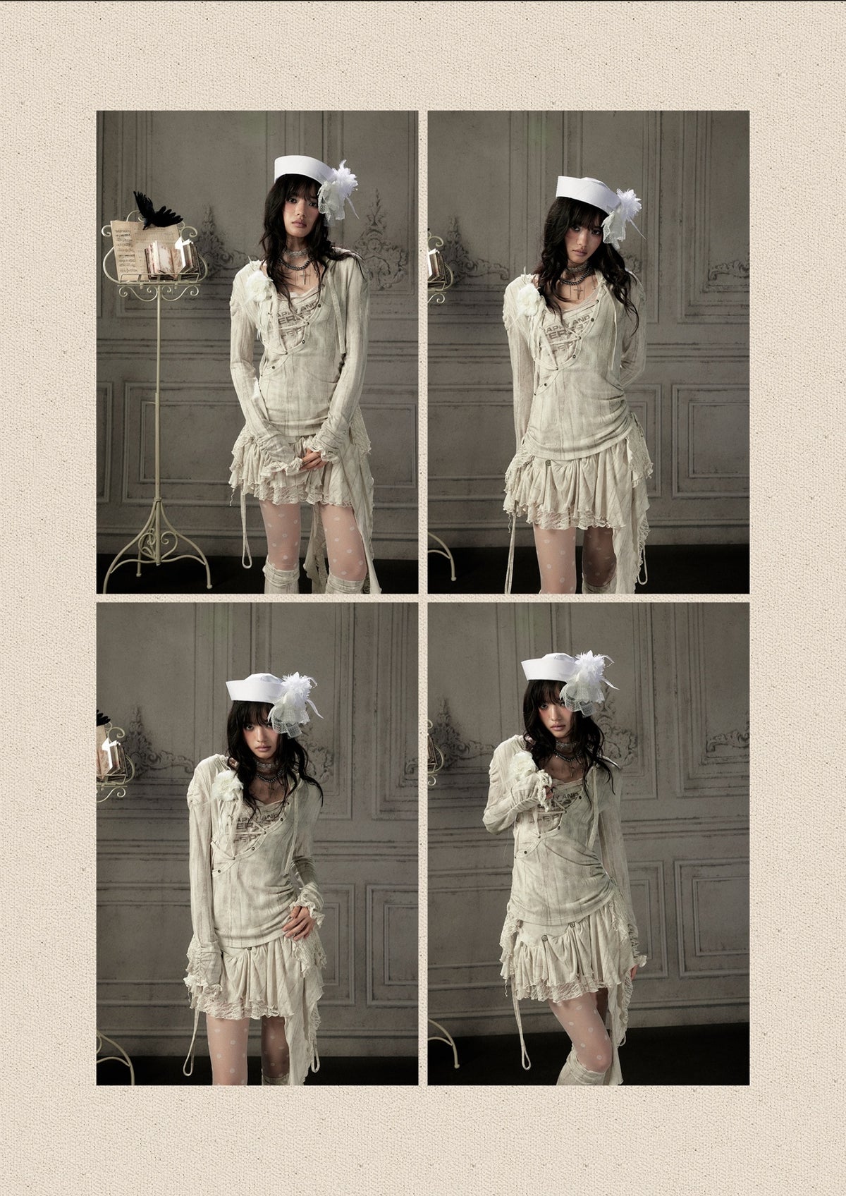 Patchwork Lace Hooded Beige Fake Two-Piece Long-Sleeve T-Shirt【s0000018943】