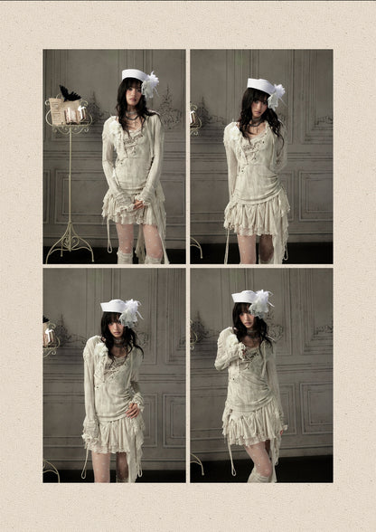 Patchwork Lace Hooded Beige Fake Two-Piece Long-Sleeve T-Shirt【s0000018943】