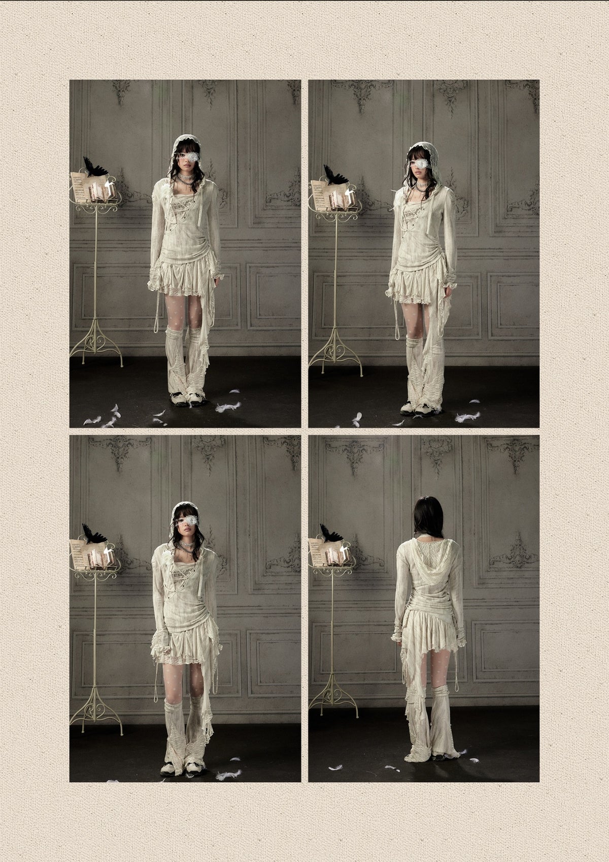 Patchwork Lace Hooded Beige Fake Two-Piece Long-Sleeve T-Shirt【s0000018943】