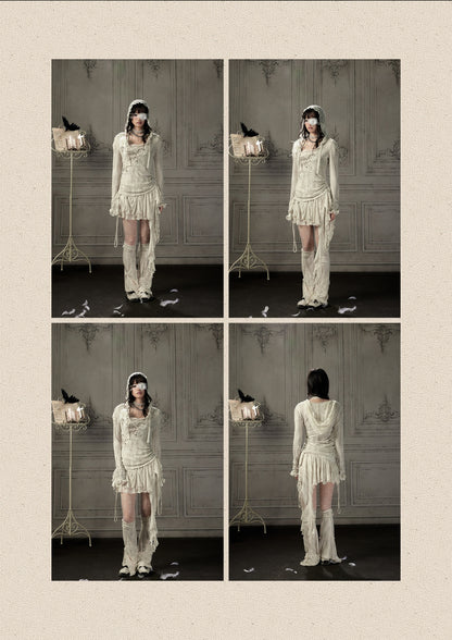 Patchwork Lace Hooded Beige Fake Two-Piece Long-Sleeve T-Shirt【s0000018943】