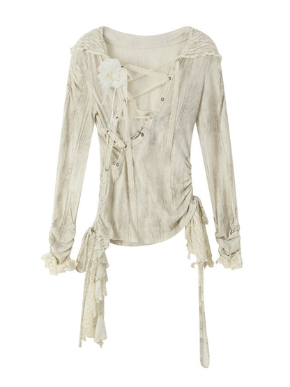Patchwork Lace Hooded Beige Fake Two-Piece Long-Sleeve T-Shirt【s0000018943】