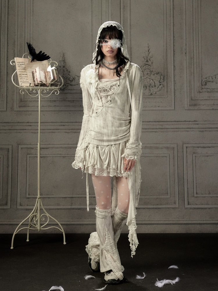Patchwork Lace Hooded Beige Fake Two-Piece Long-Sleeve T-Shirt【s0000018943】