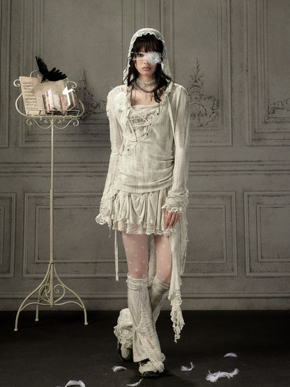 Patchwork Lace Hooded Beige Fake Two-Piece Long-Sleeve T-Shirt【s0000018943】