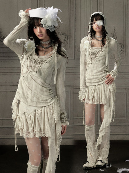 Patchwork Lace Hooded Beige Fake Two-Piece Long-Sleeve T-Shirt【s0000018943】