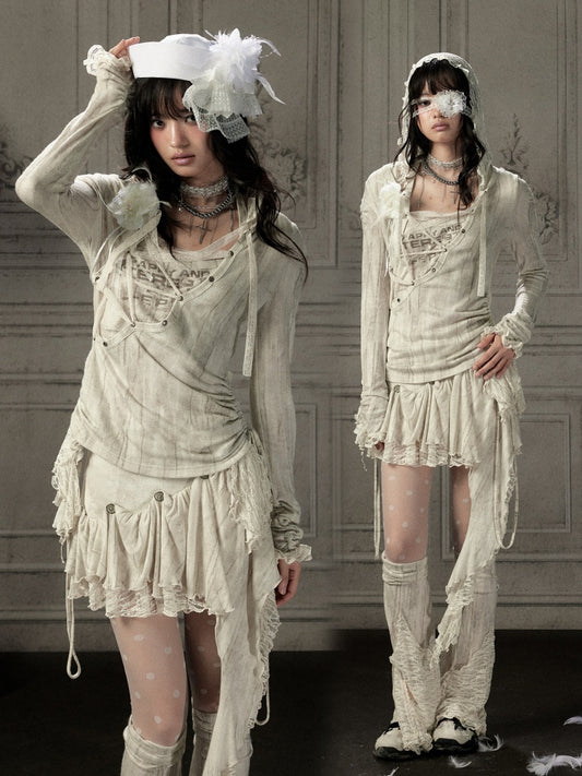 Patchwork Lace Hooded Beige Fake Two-Piece Long-Sleeve T-Shirt【s0000018943】