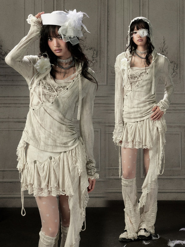 Patchwork Lace Hooded Beige Fake Two-Piece Long-Sleeve T-Shirt【s0000018943】