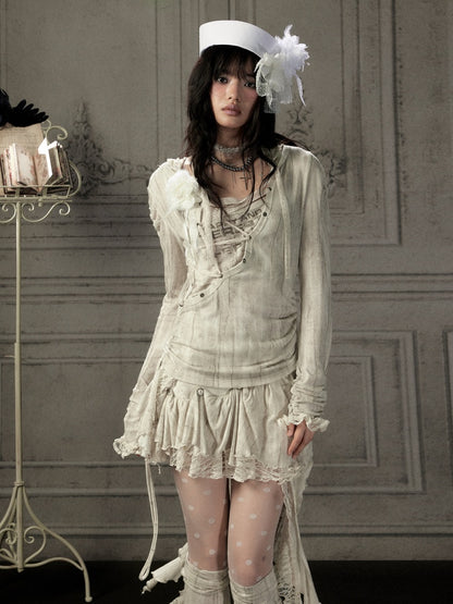 Patchwork Lace Hooded Beige Fake Two-Piece Long-Sleeve T-Shirt【s0000018943】