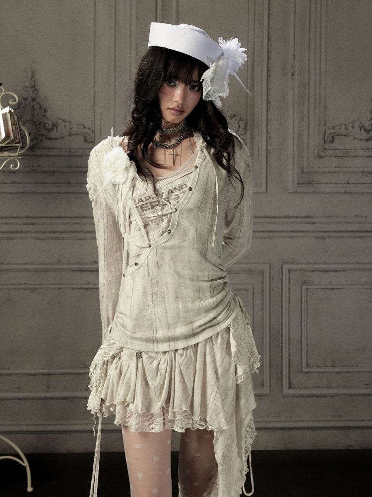 Patchwork Lace Hooded Beige Fake Two-Piece Long-Sleeve T-Shirt【s0000018943】