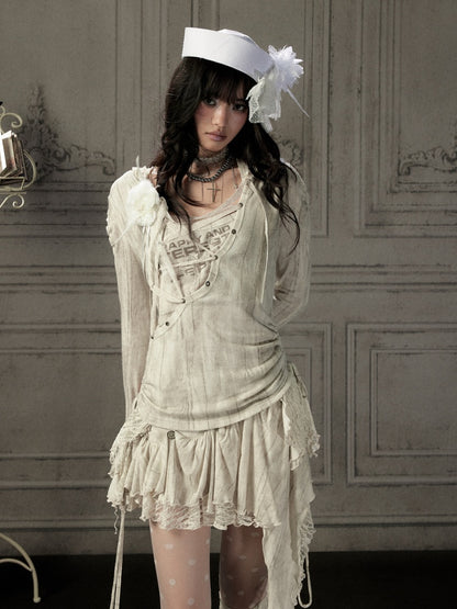 Patchwork Lace Hooded Beige Fake Two-Piece Long-Sleeve T-Shirt【s0000018943】