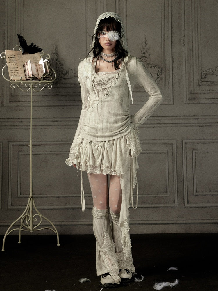 Patchwork Lace Hooded Beige Fake Two-Piece Long-Sleeve T-Shirt【s0000018943】