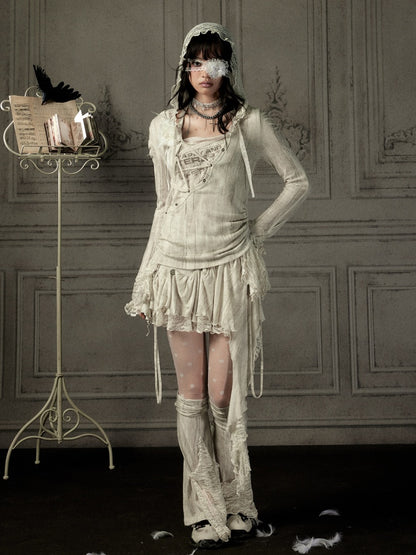 Patchwork Lace Hooded Beige Fake Two-Piece Long-Sleeve T-Shirt【s0000018943】