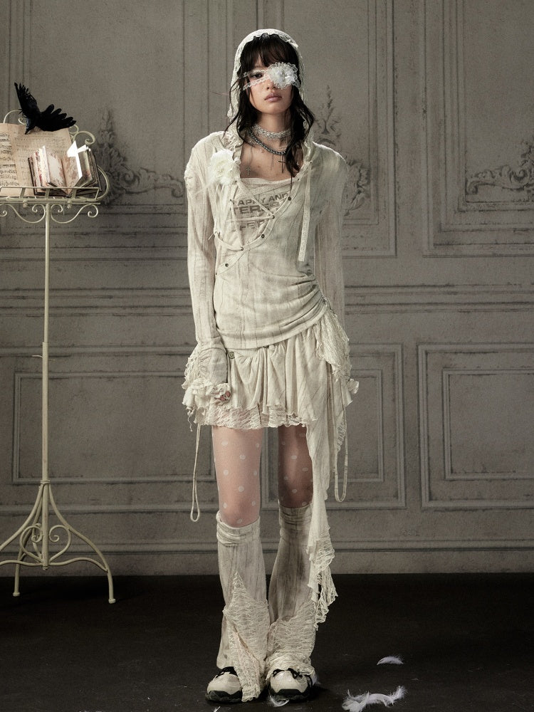 Patchwork Lace Hooded Beige Fake Two-Piece Long-Sleeve T-Shirt【s0000018943】