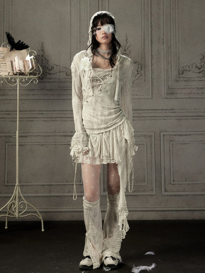 Patchwork Lace Hooded Beige Fake Two-Piece Long-Sleeve T-Shirt【s0000018943】