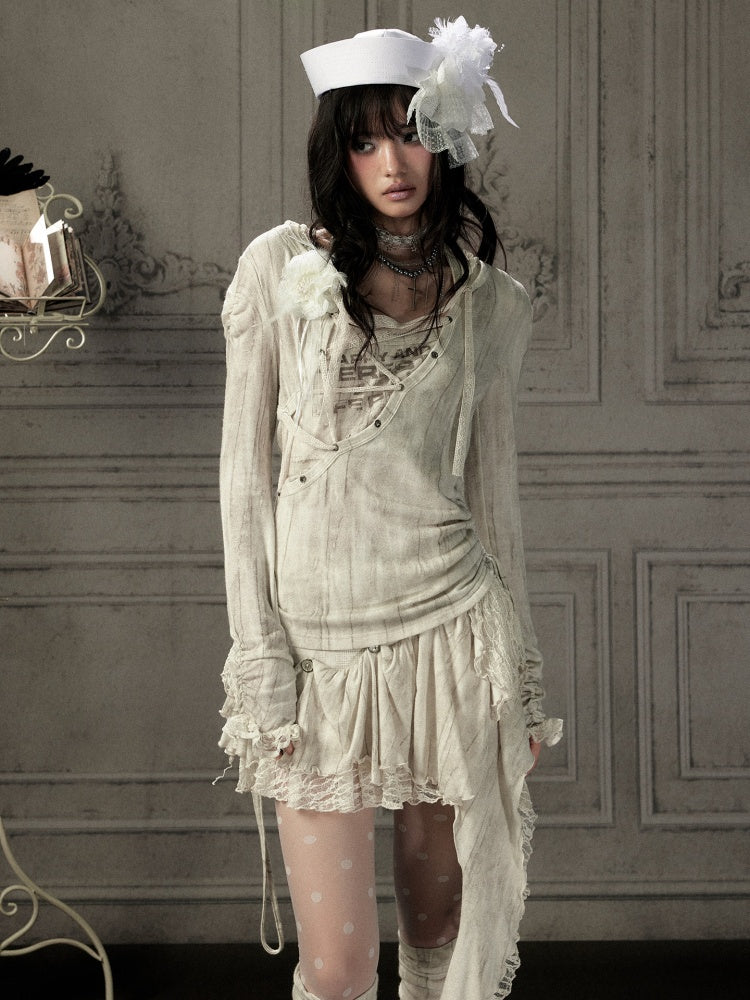 Patchwork Lace Hooded Beige Fake Two-Piece Long-Sleeve T-Shirt【s0000018943】