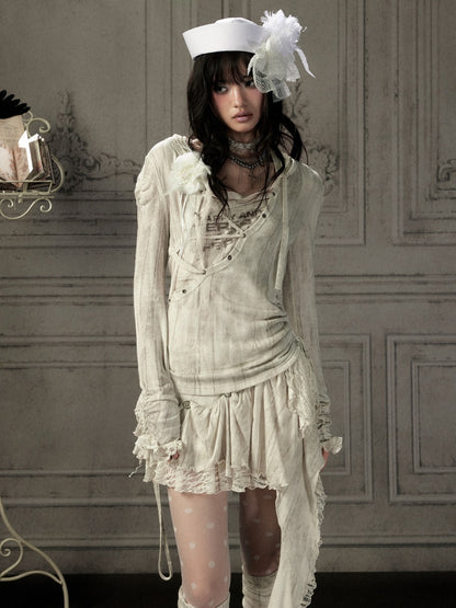 Patchwork Lace Hooded Beige Fake Two-Piece Long-Sleeve T-Shirt【s0000018943】
