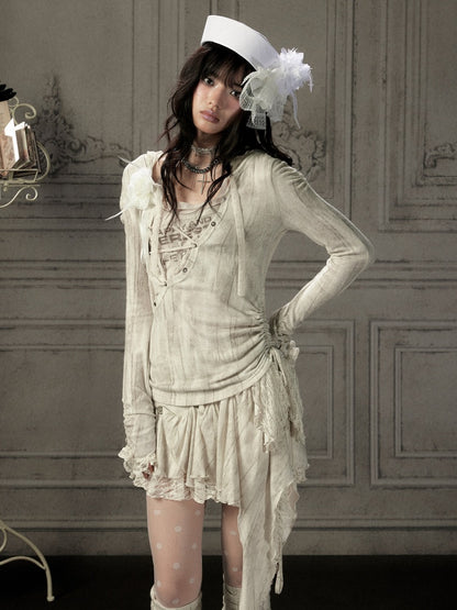 Patchwork Lace Hooded Beige Fake Two-Piece Long-Sleeve T-Shirt【s0000018943】