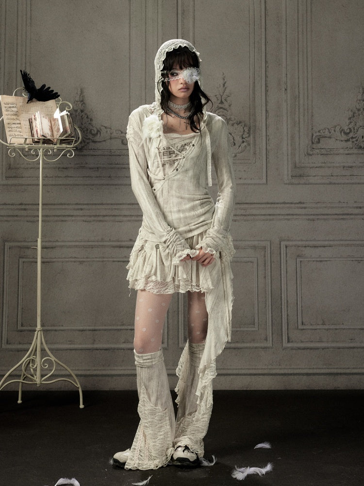 Patchwork Lace Hooded Beige Fake Two-Piece Long-Sleeve T-Shirt【s0000018943】