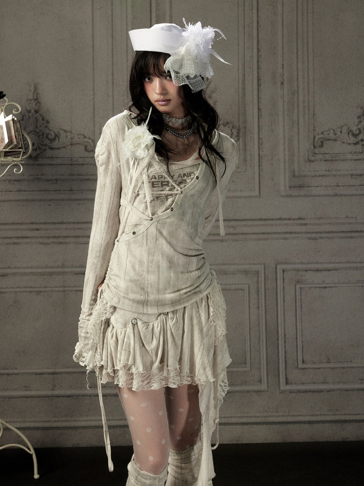 Patchwork Lace Hooded Beige Fake Two-Piece Long-Sleeve T-Shirt【s0000018943】