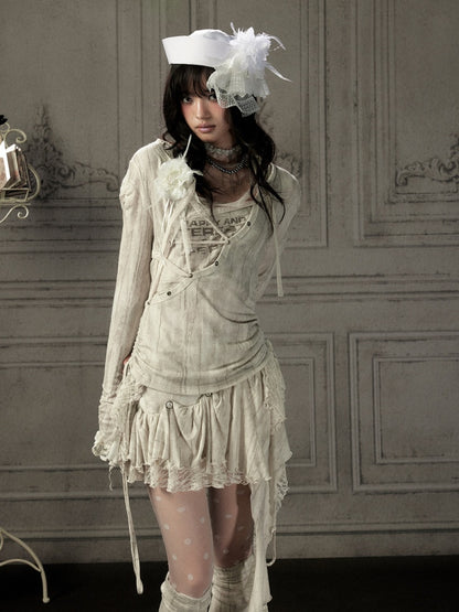 Patchwork Lace Hooded Beige Fake Two-Piece Long-Sleeve T-Shirt【s0000018943】