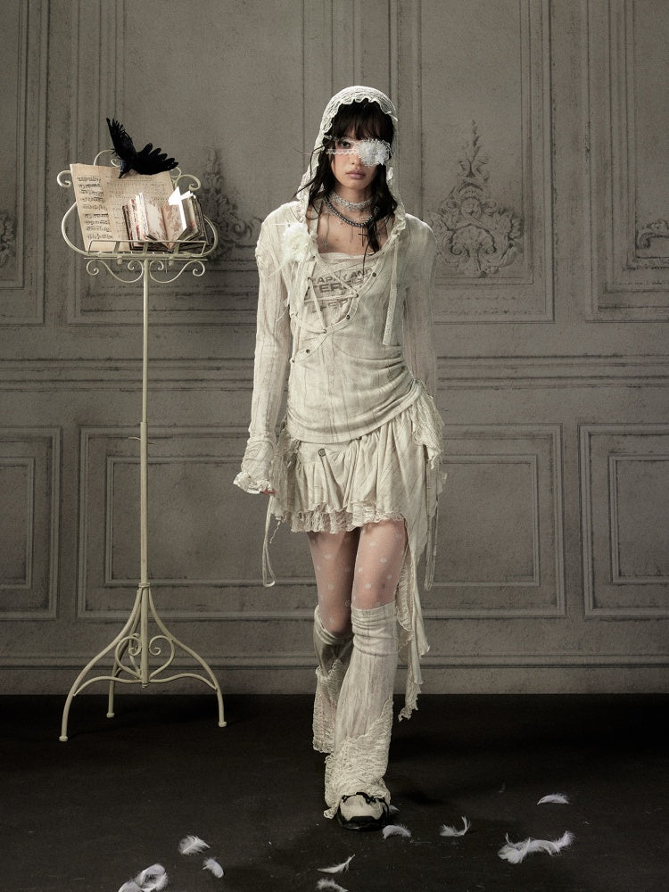 Patchwork Lace Hooded Beige Fake Two-Piece Long-Sleeve T-Shirt【s0000018943】